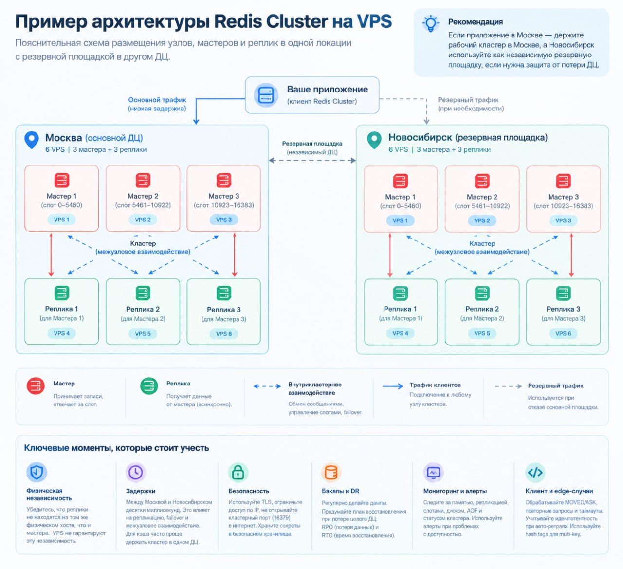 Схема архитектуры кластера Redis на VPS: три мастера и три реплики